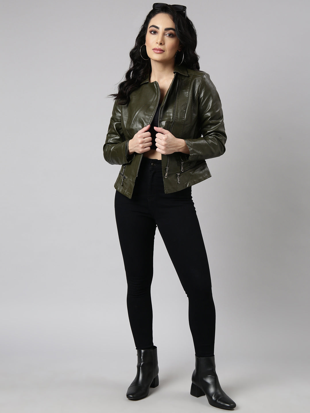 Women Solid Olive Biker Jacket