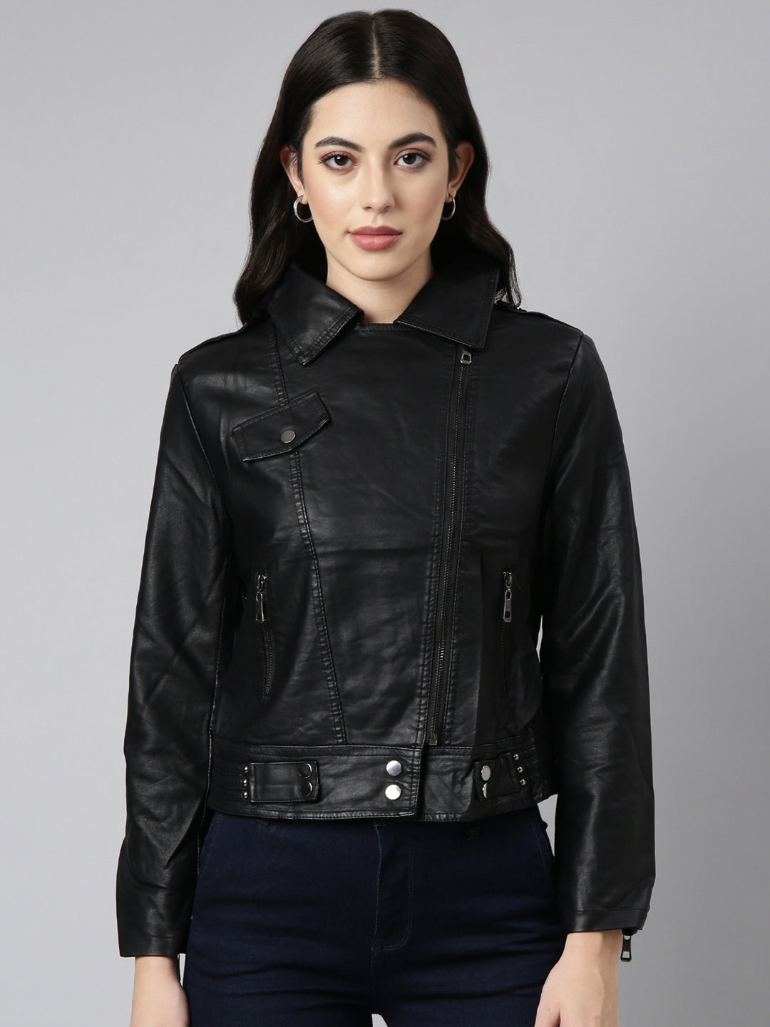 Women Solid Black Biker Jacket