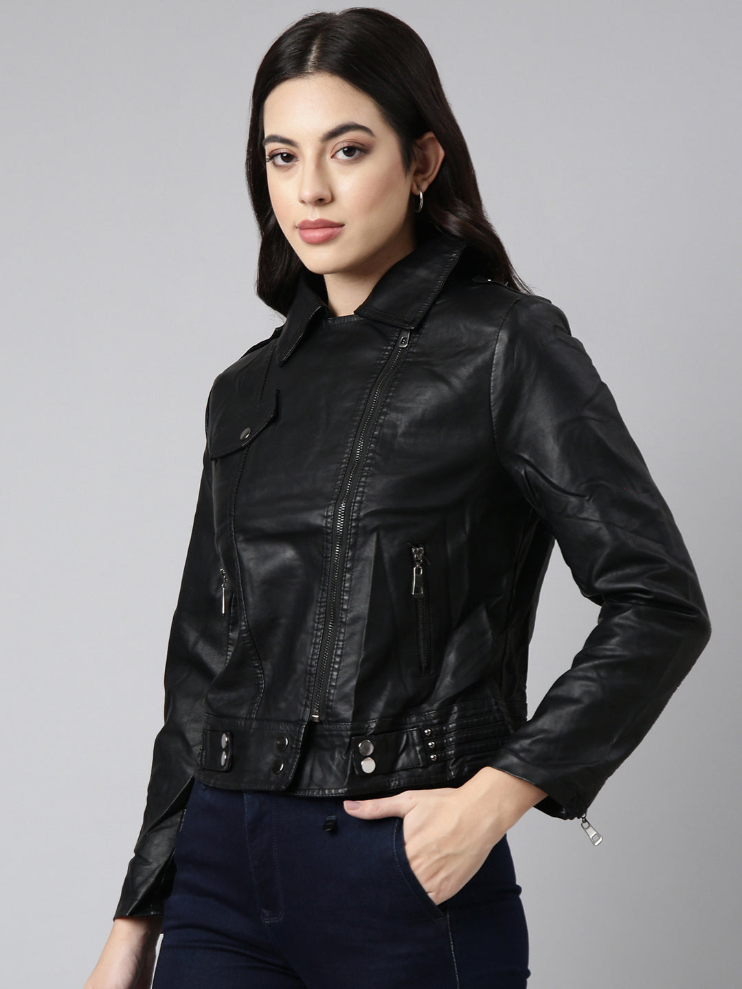 Women Solid Black Biker Jacket