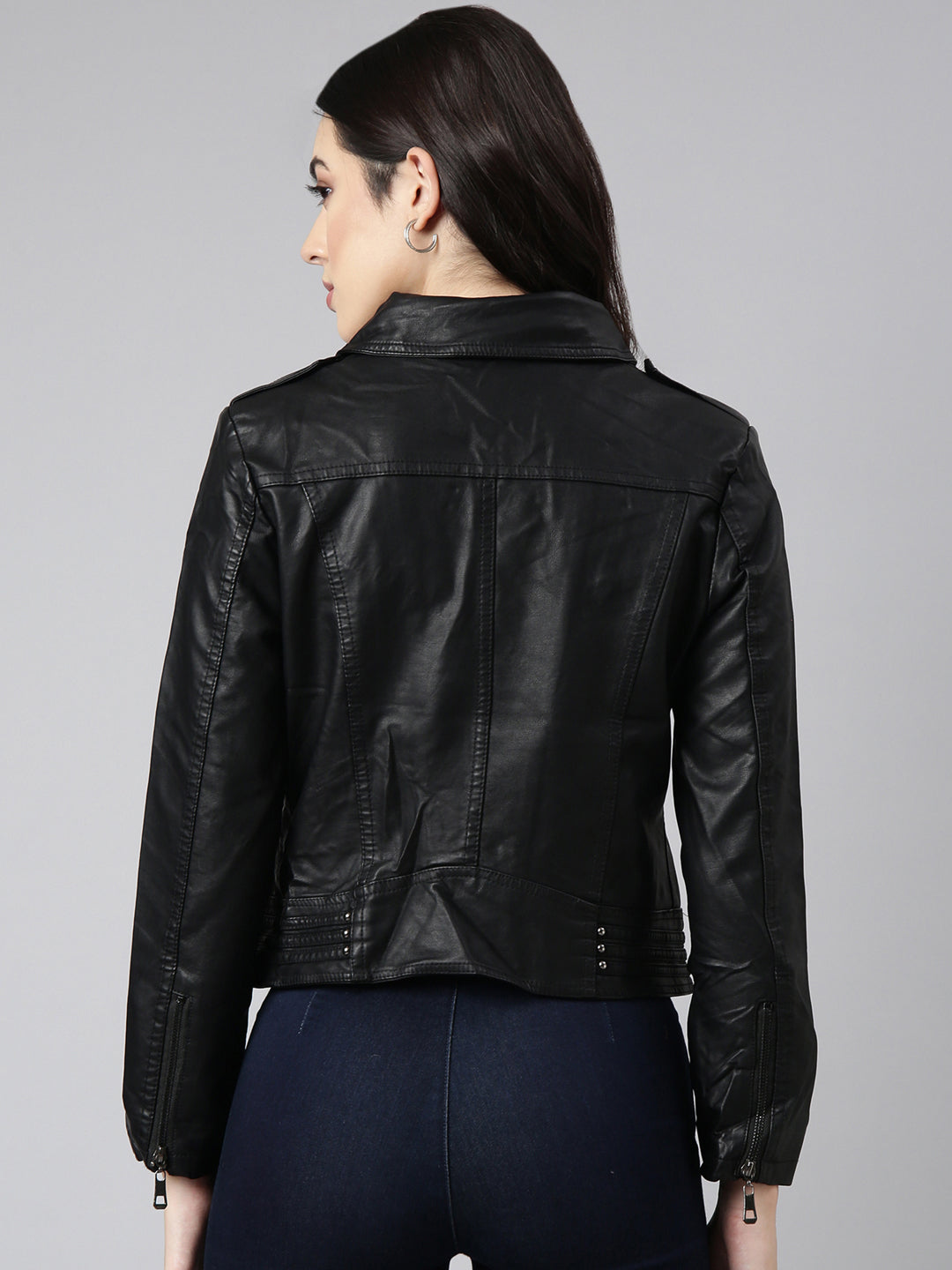 Women Solid Black Biker Jacket