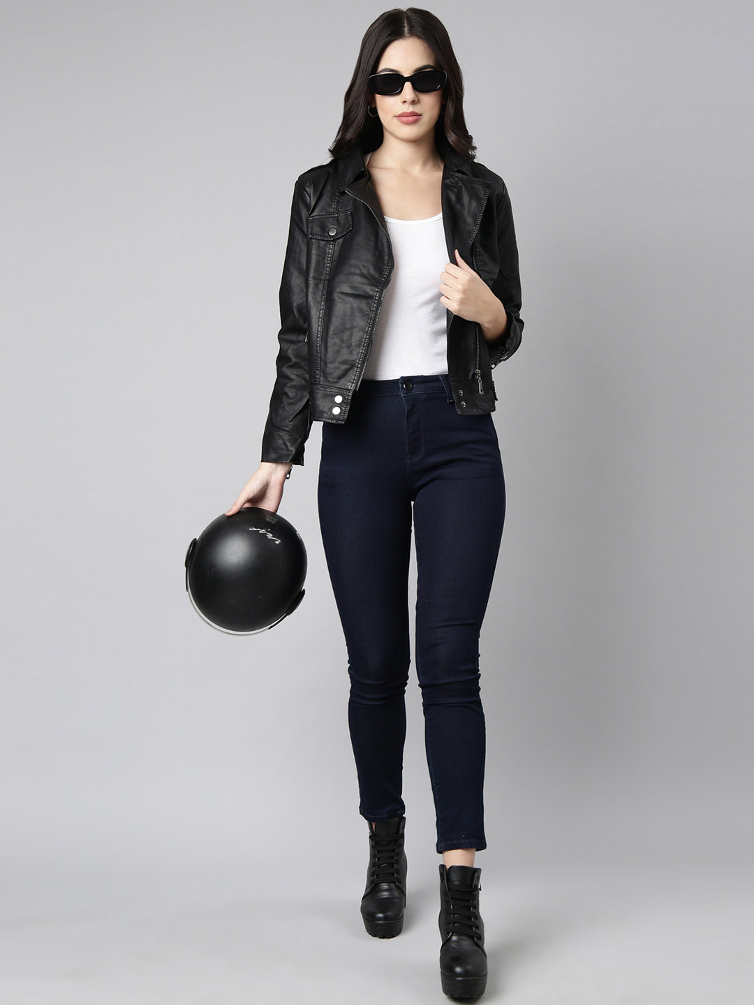 Women Solid Black Biker Jacket