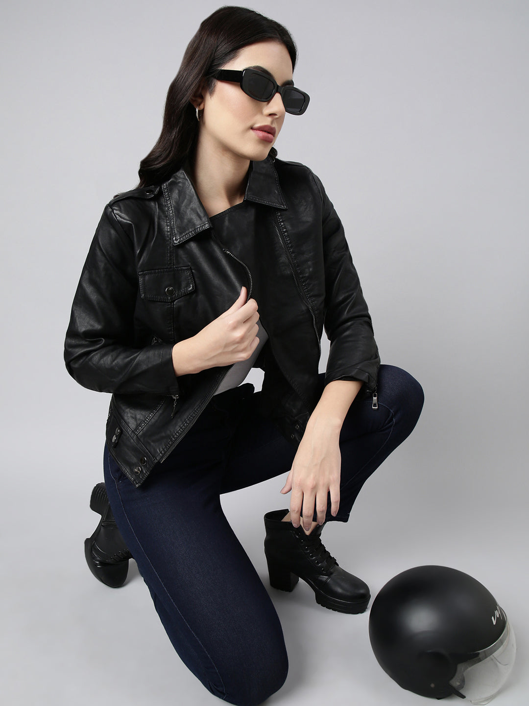 Women Solid Black Biker Jacket