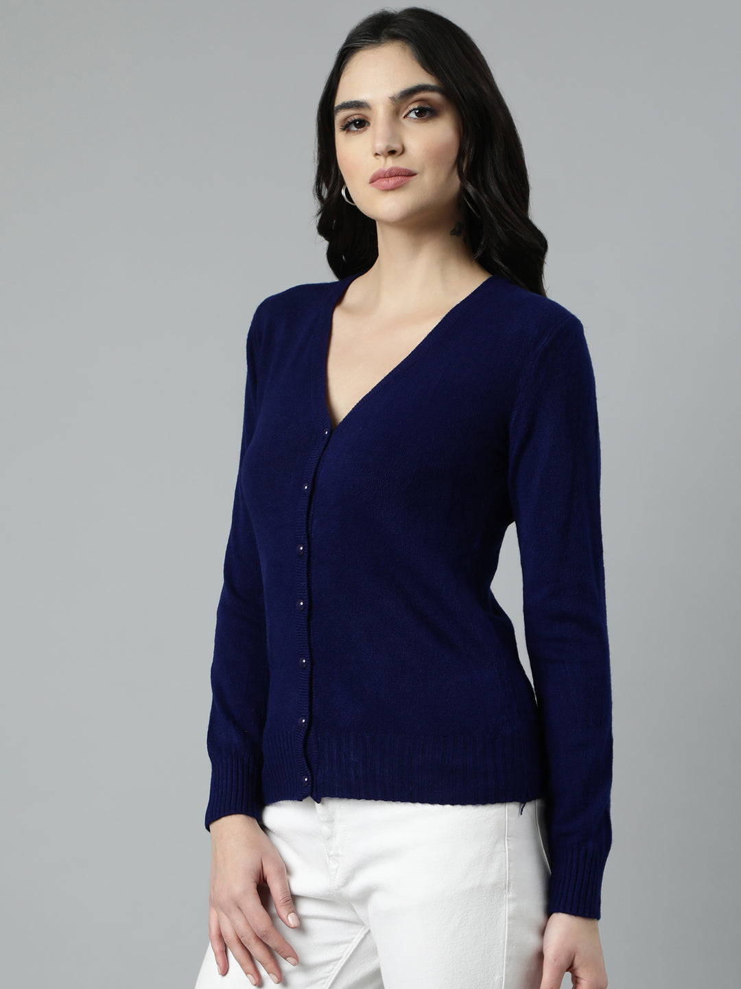 Women's Solid Navy Blue Cardigan