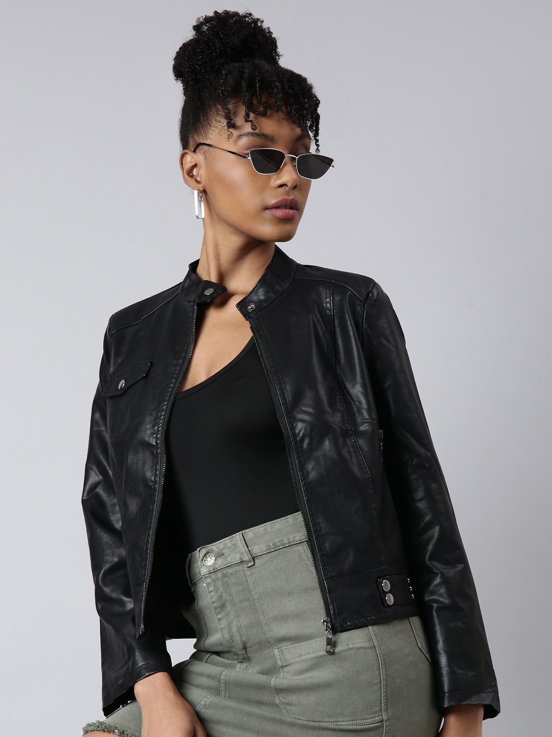 Women Solid Black Biker Jacket