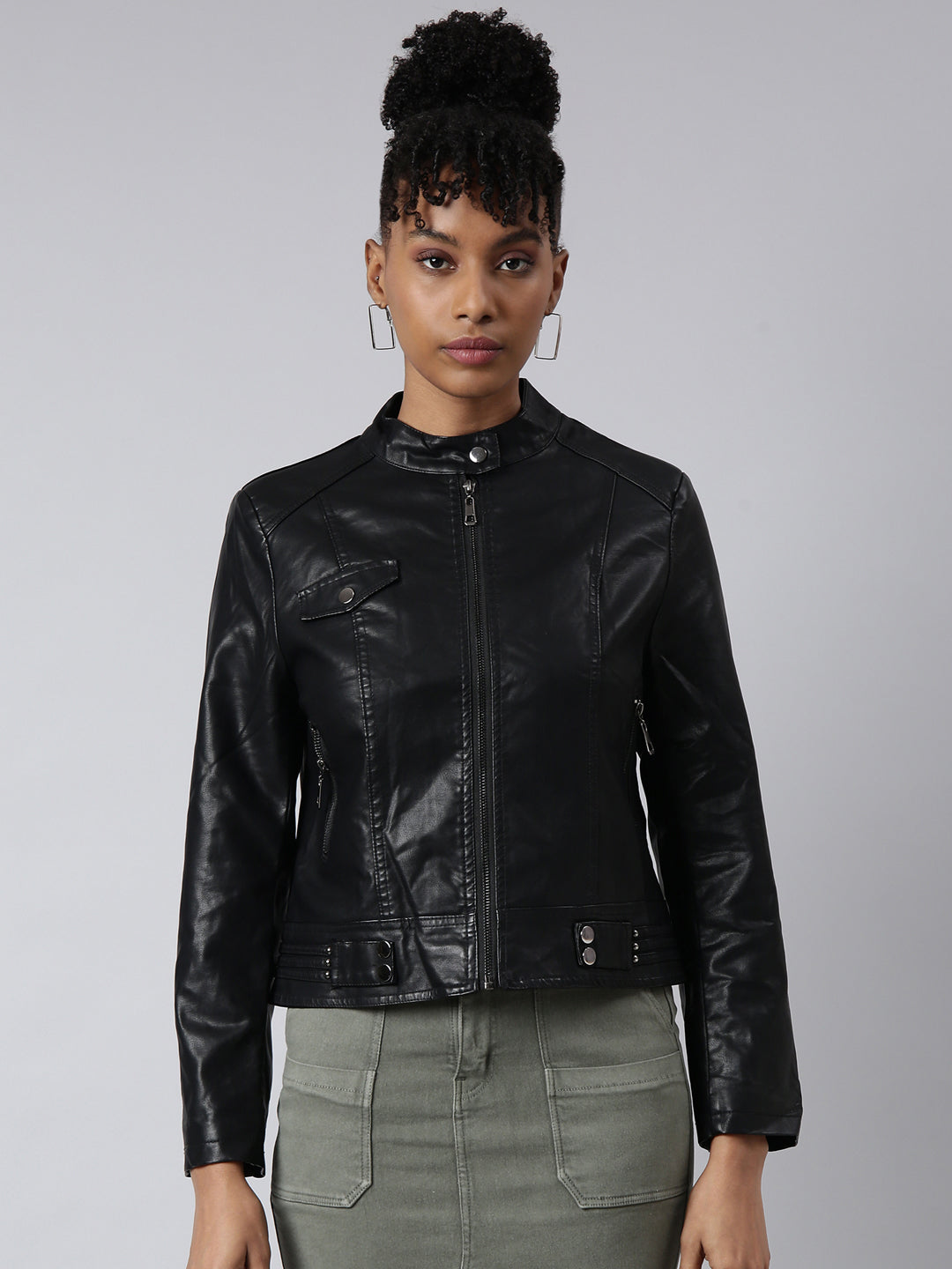 Women Solid Black Biker Jacket