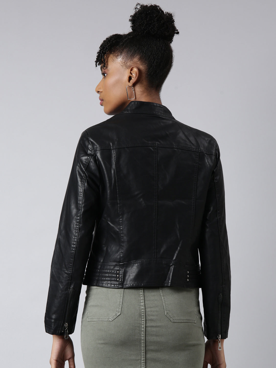 Women Solid Black Biker Jacket