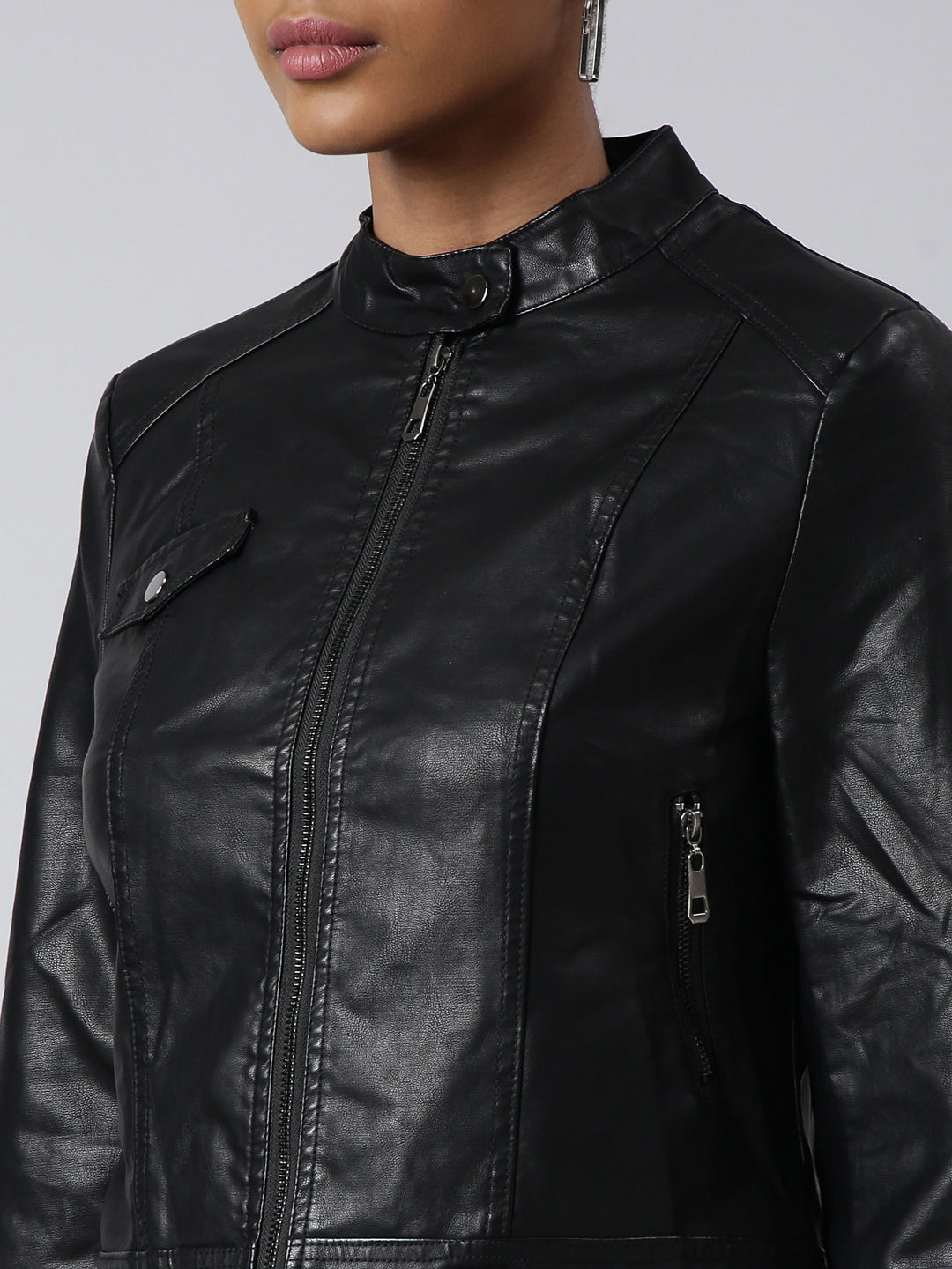 Women Solid Black Biker Jacket