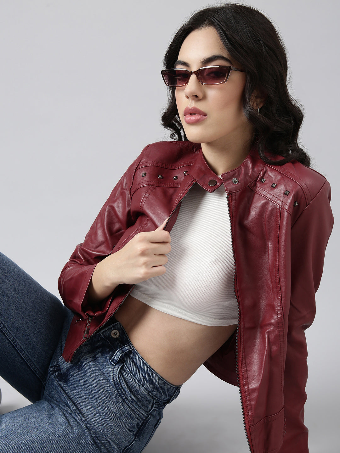 Women Solid Maroon Biker Jacket