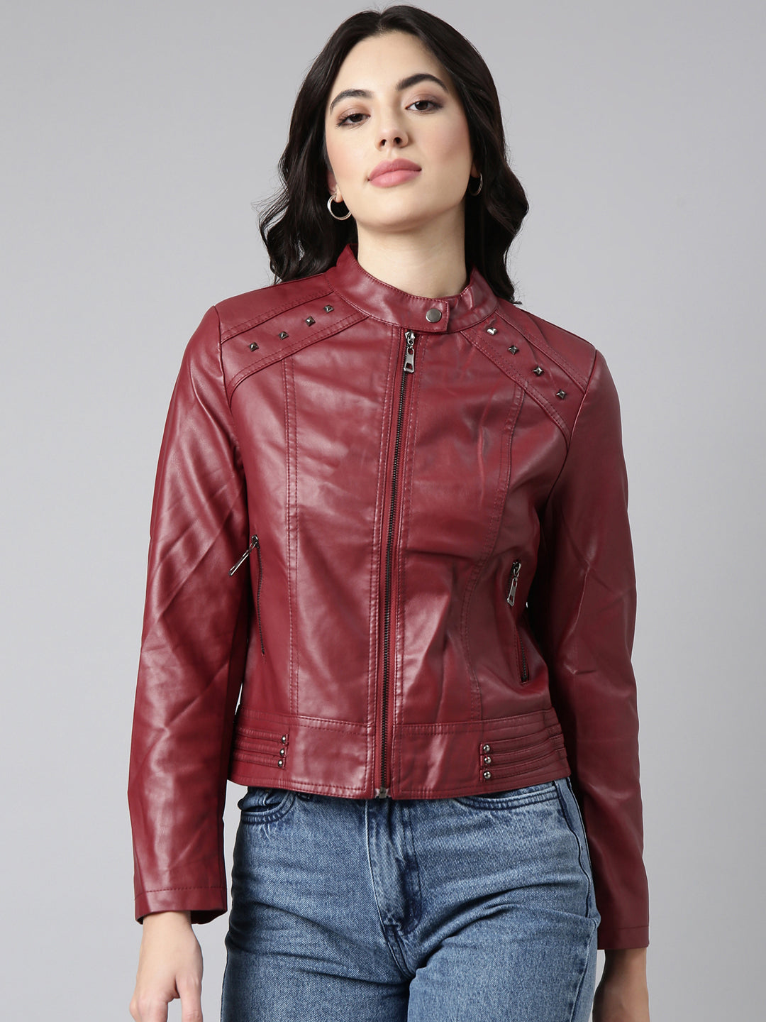 Women Solid Maroon Biker Jacket