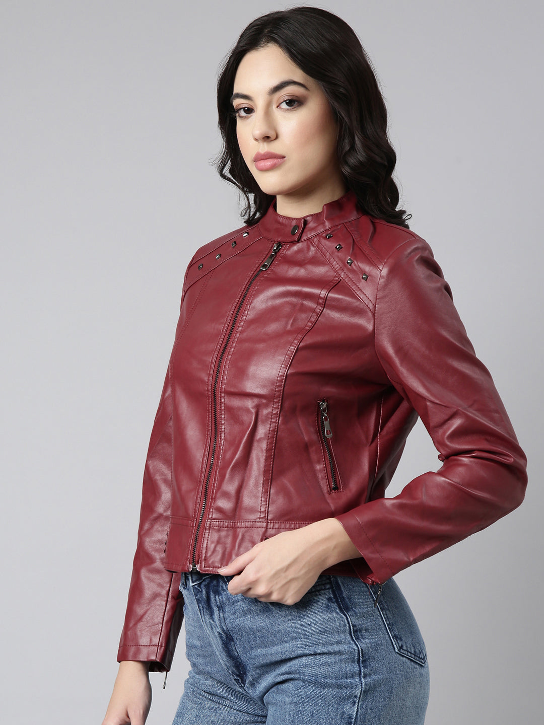 Women Solid Maroon Biker Jacket