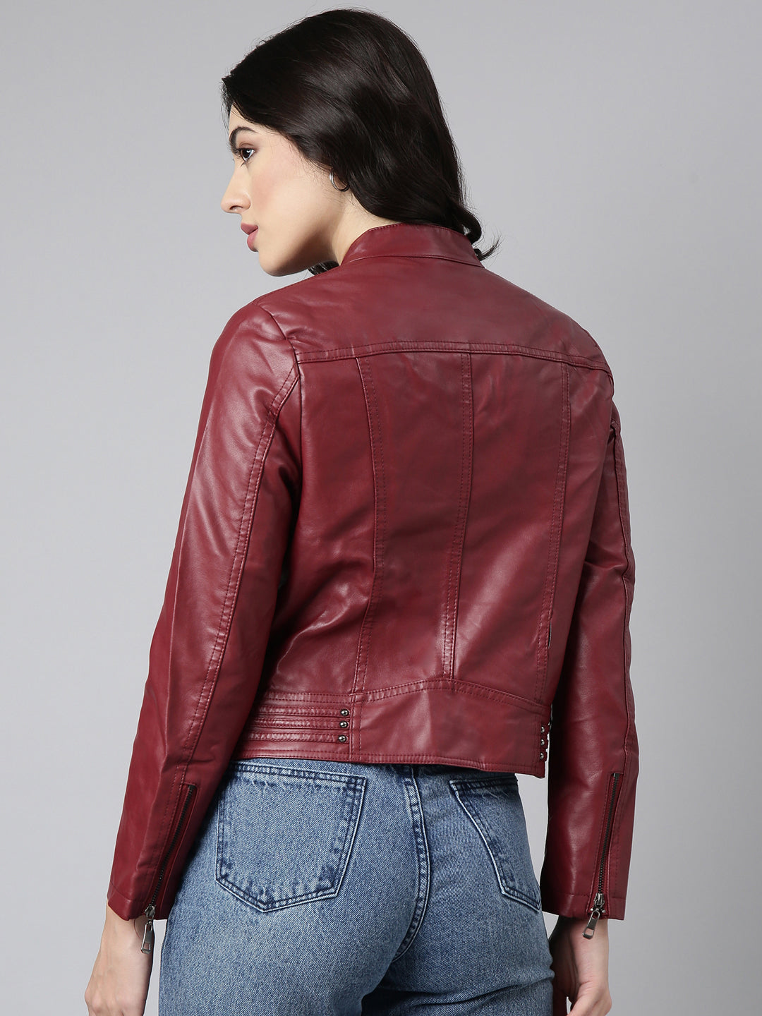 Women Solid Maroon Biker Jacket