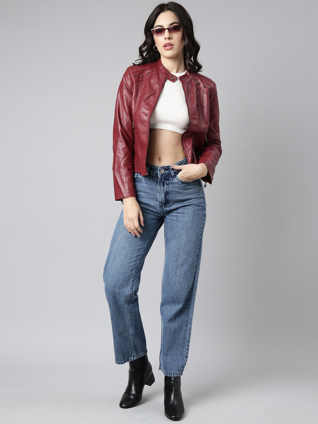 Women Solid Maroon Biker Jacket