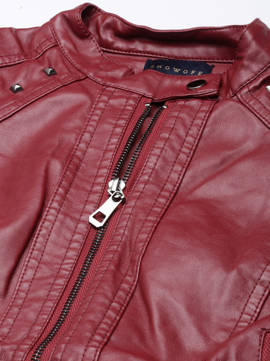 Women Solid Maroon Biker Jacket