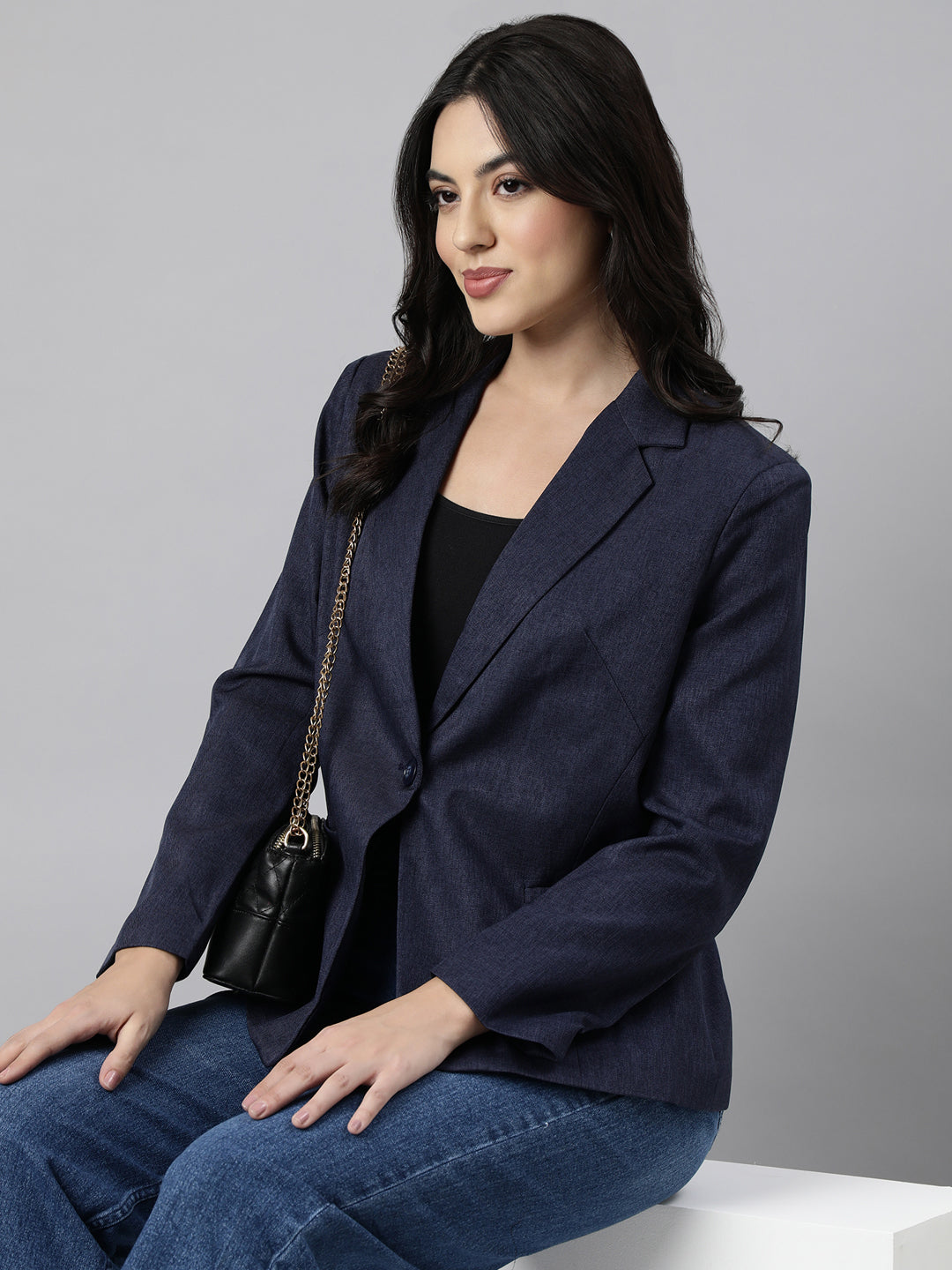 Women Navy Blue Single-Breasted Blazer