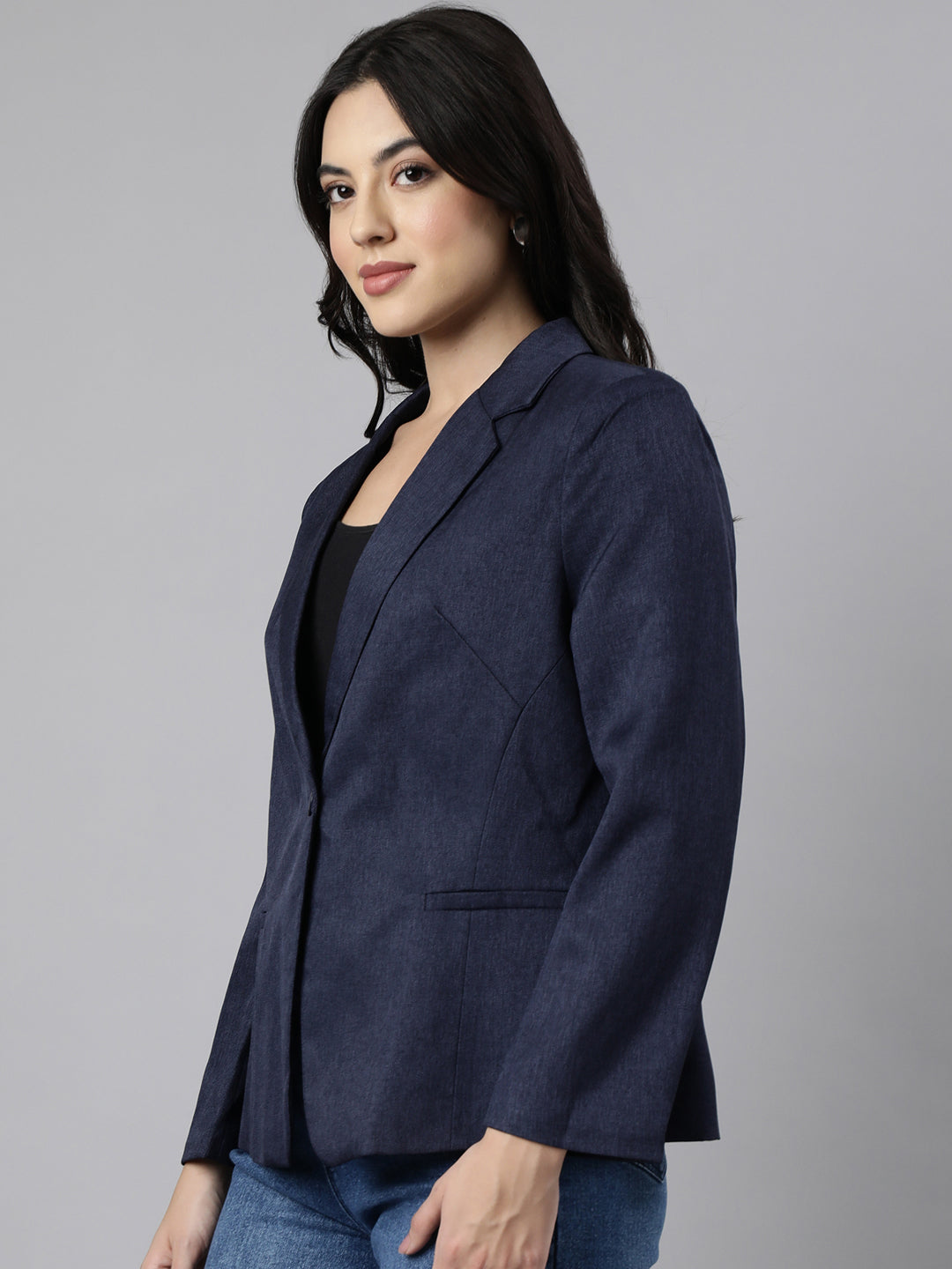 Women Navy Blue Single-Breasted Blazer