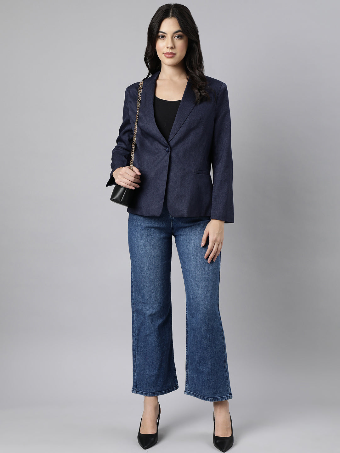 Women Navy Blue Single-Breasted Blazer