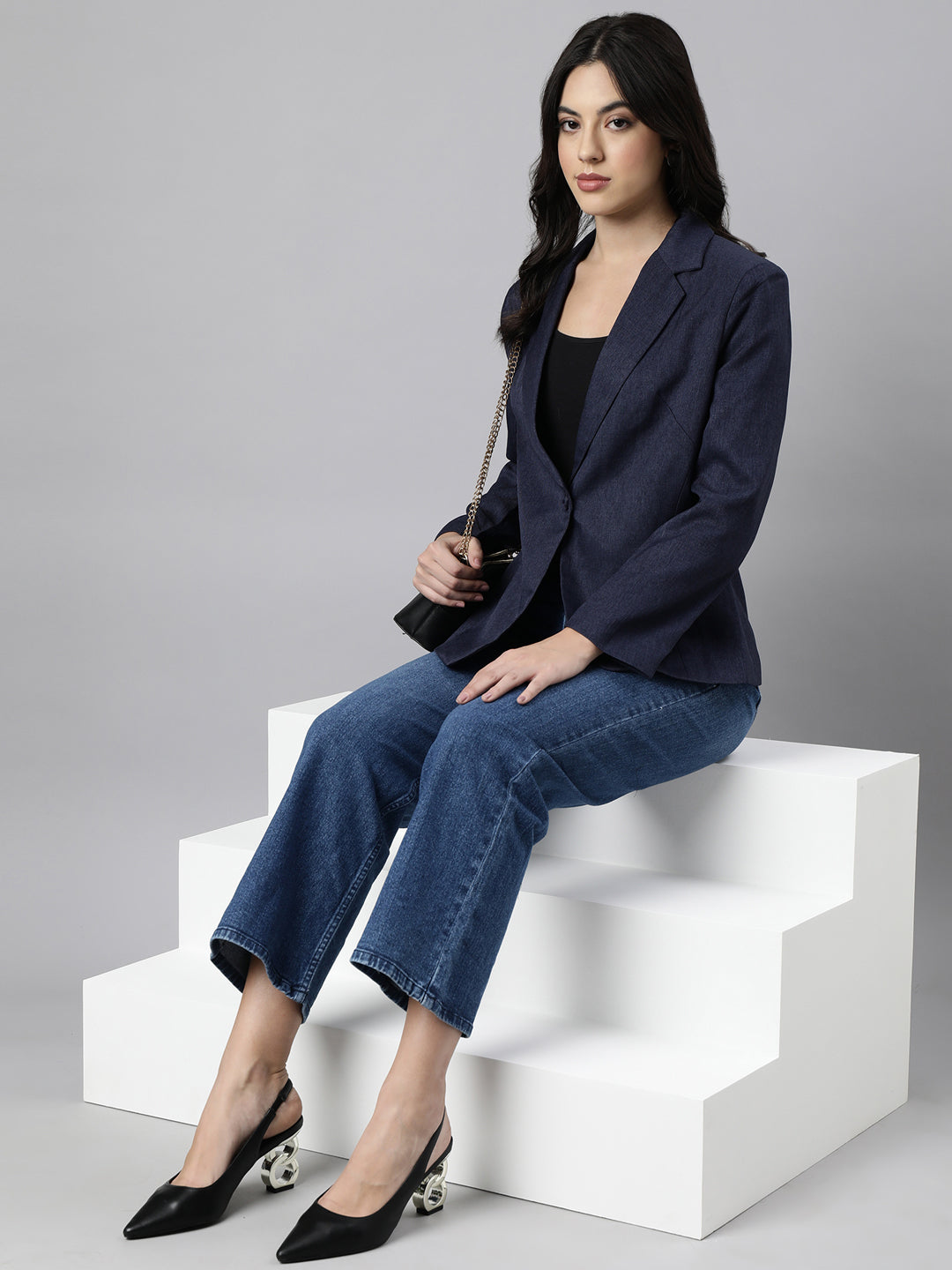 Women Navy Blue Single-Breasted Blazer