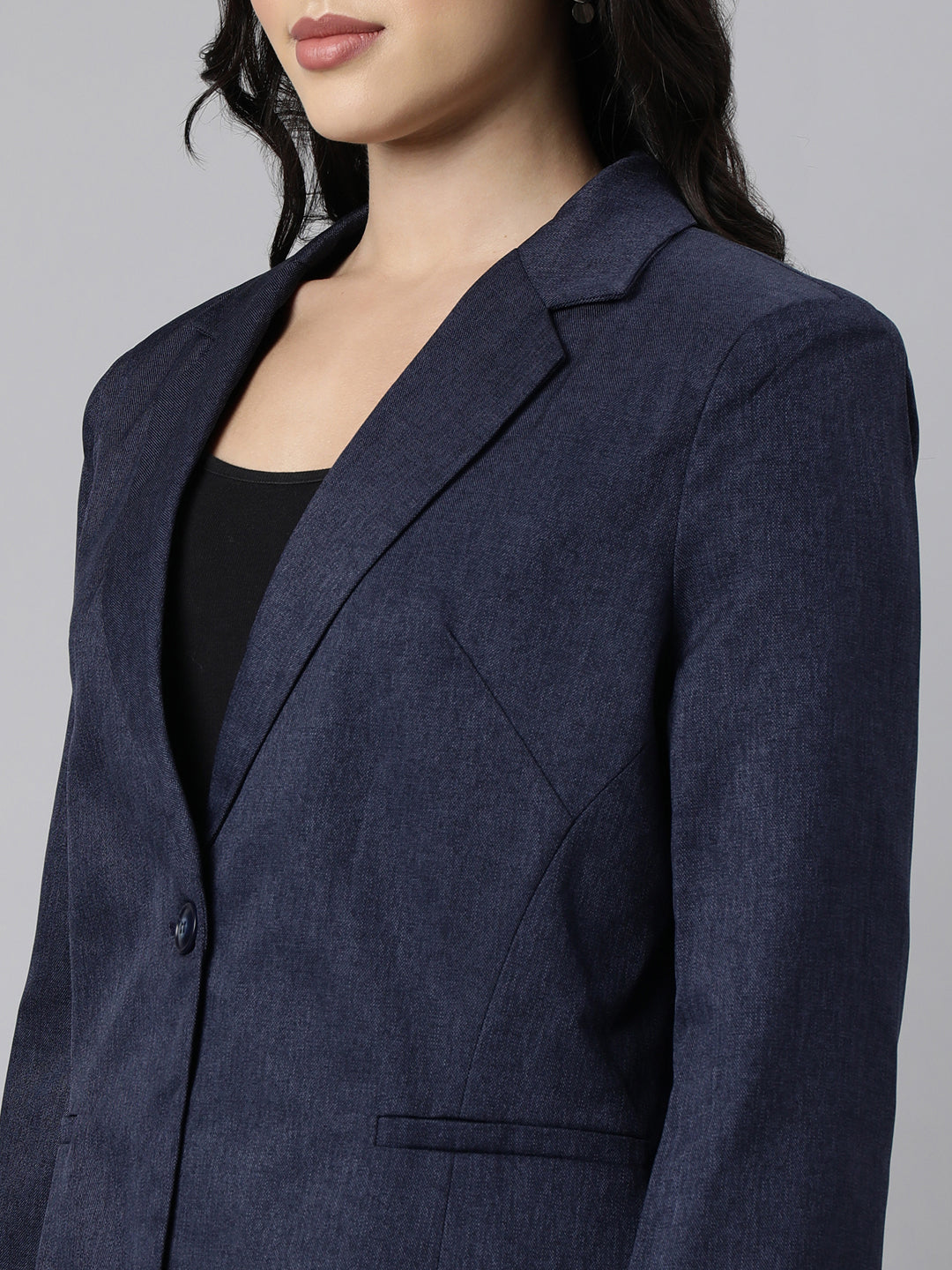 Women Navy Blue Single-Breasted Blazer