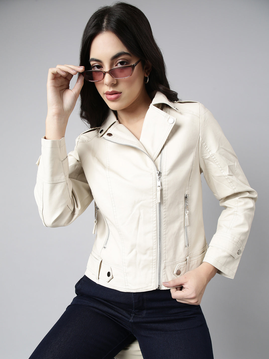 Women Solid Cream Biker Jacket