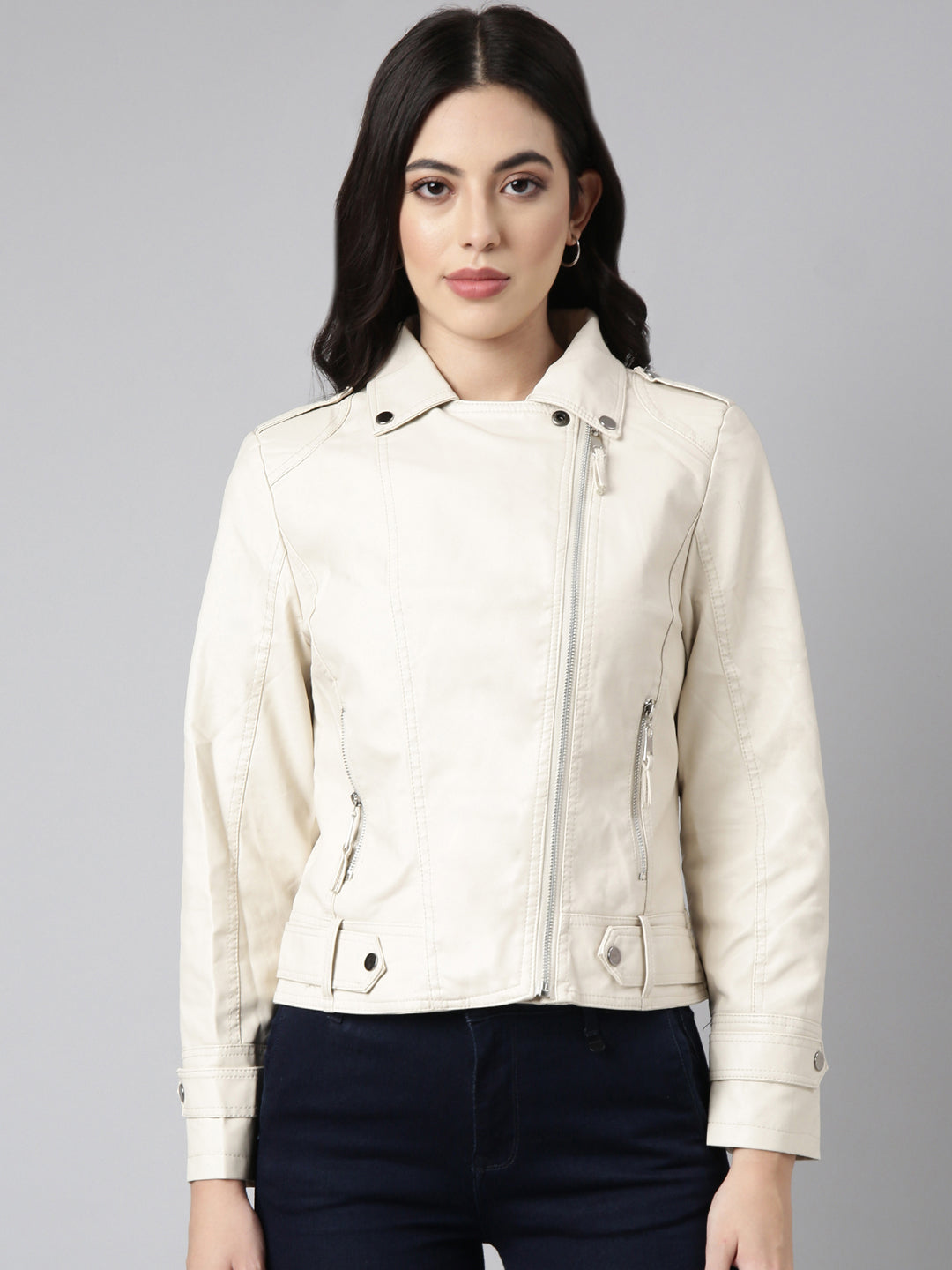 Women Solid Cream Biker Jacket