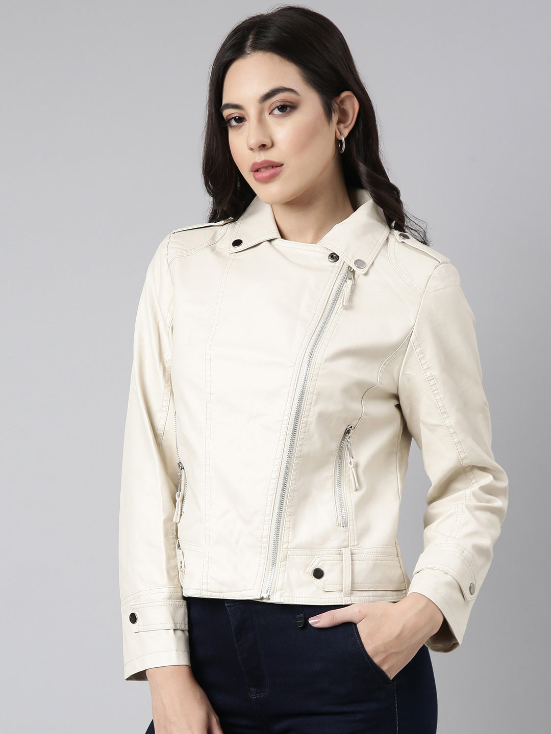 Women Solid Cream Biker Jacket