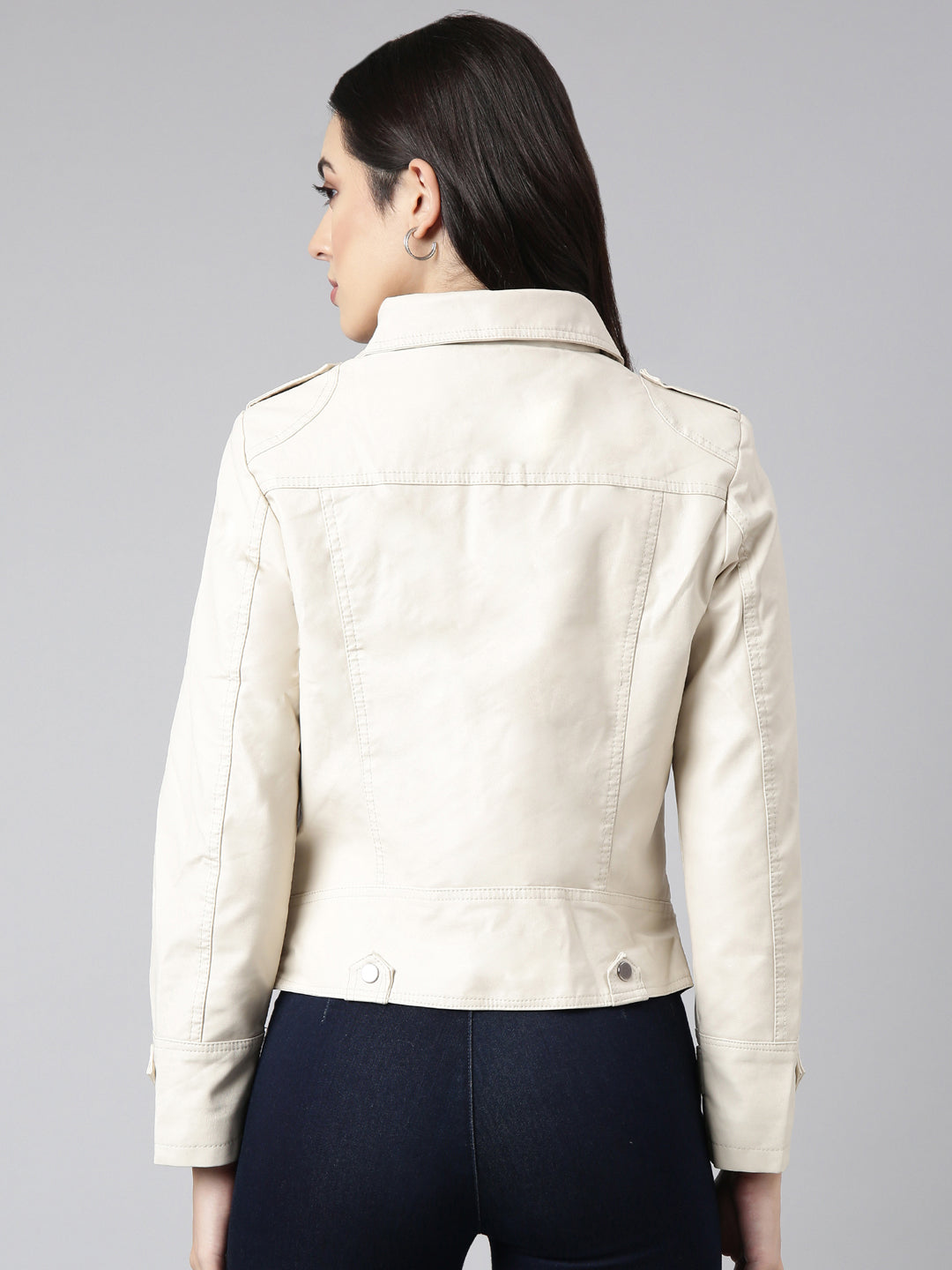 Women Solid Cream Biker Jacket