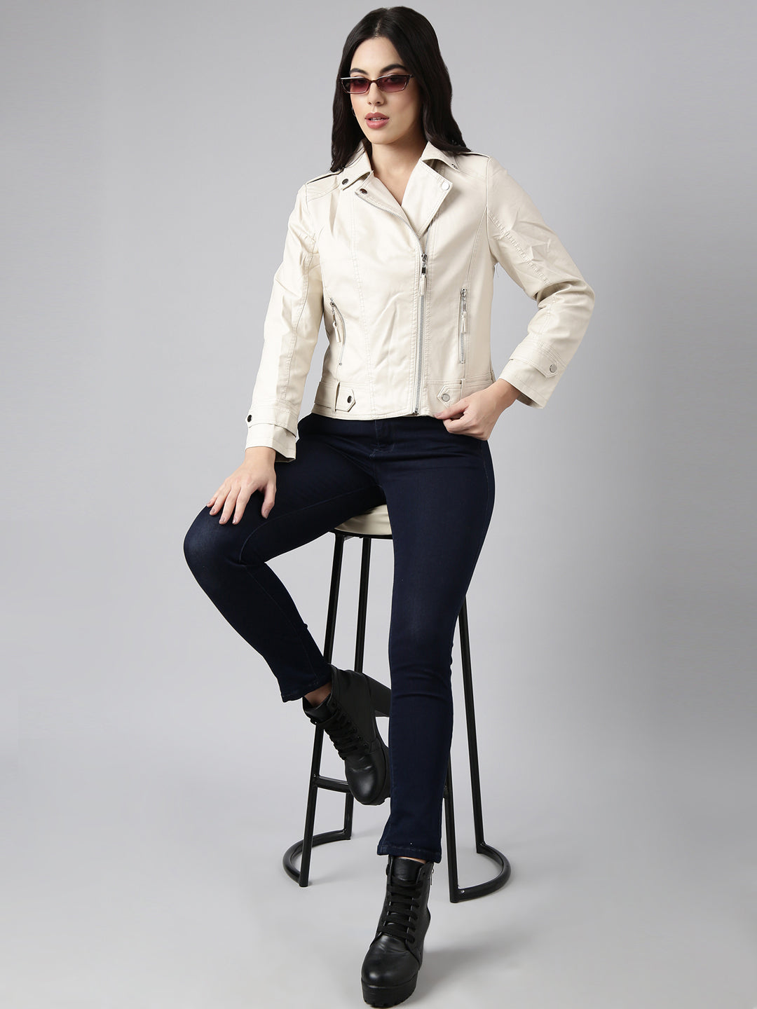 Women Solid Cream Biker Jacket