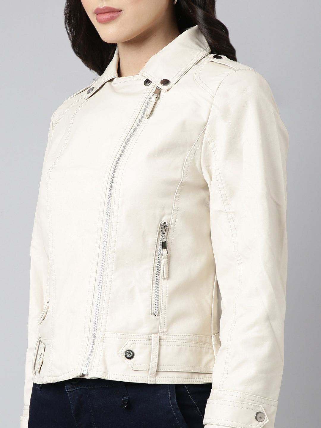 Women Solid Cream Biker Jacket