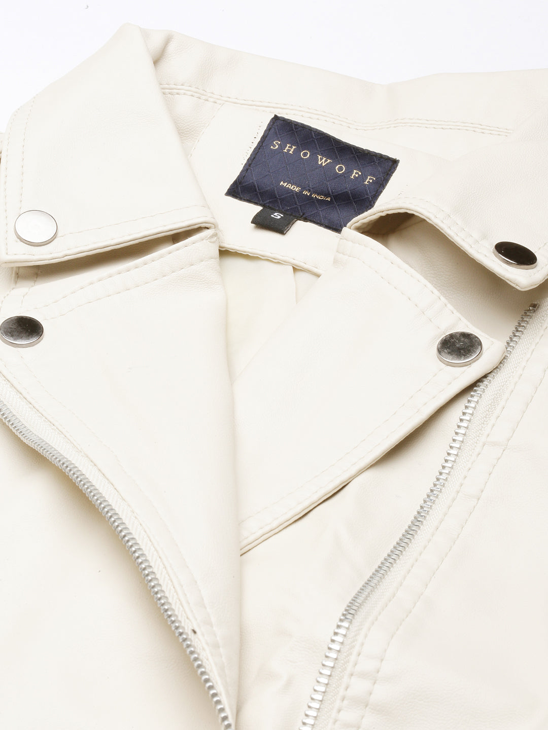 Women Solid Cream Biker Jacket