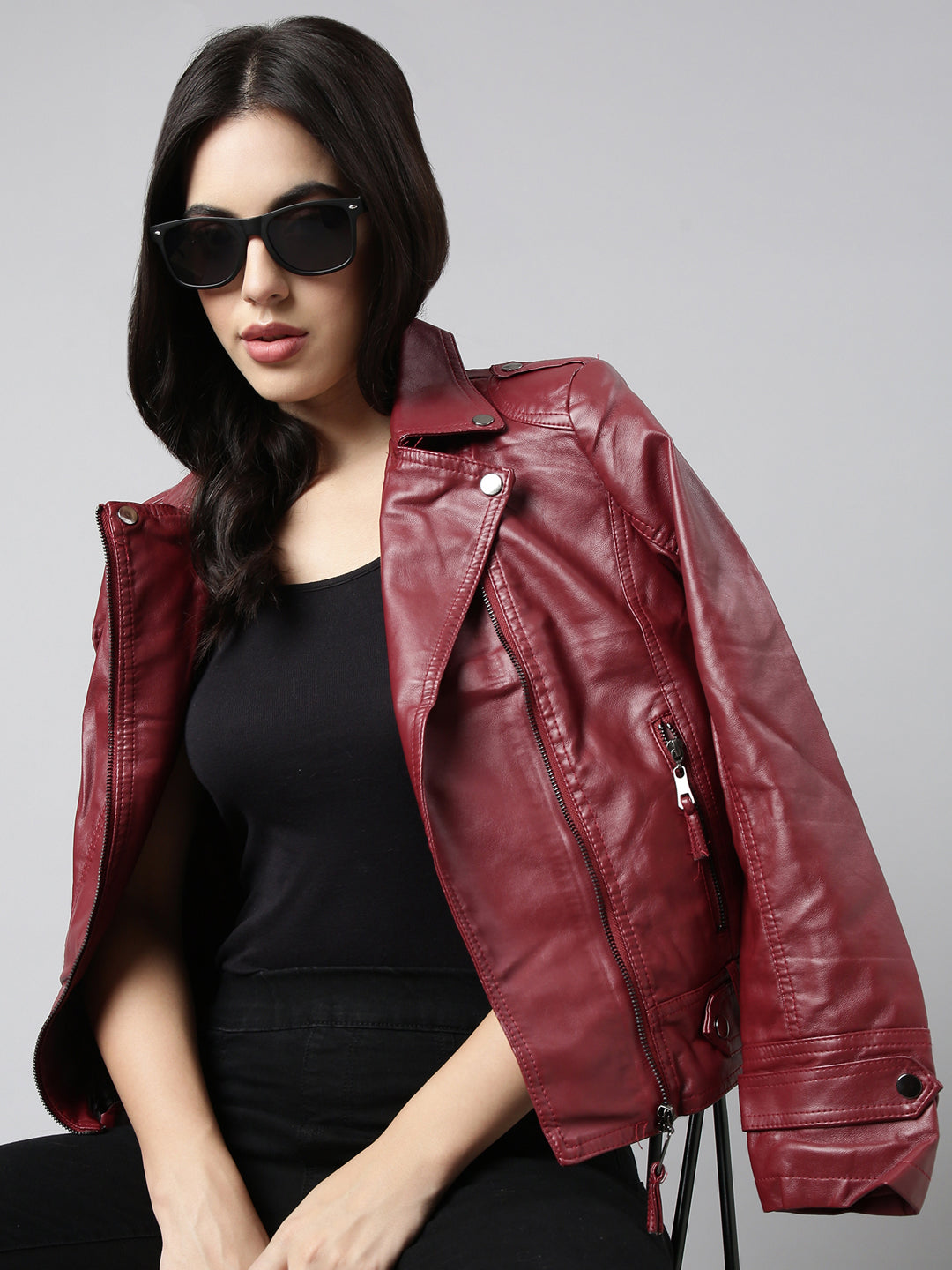 Women Solid Maroon Biker Jacket