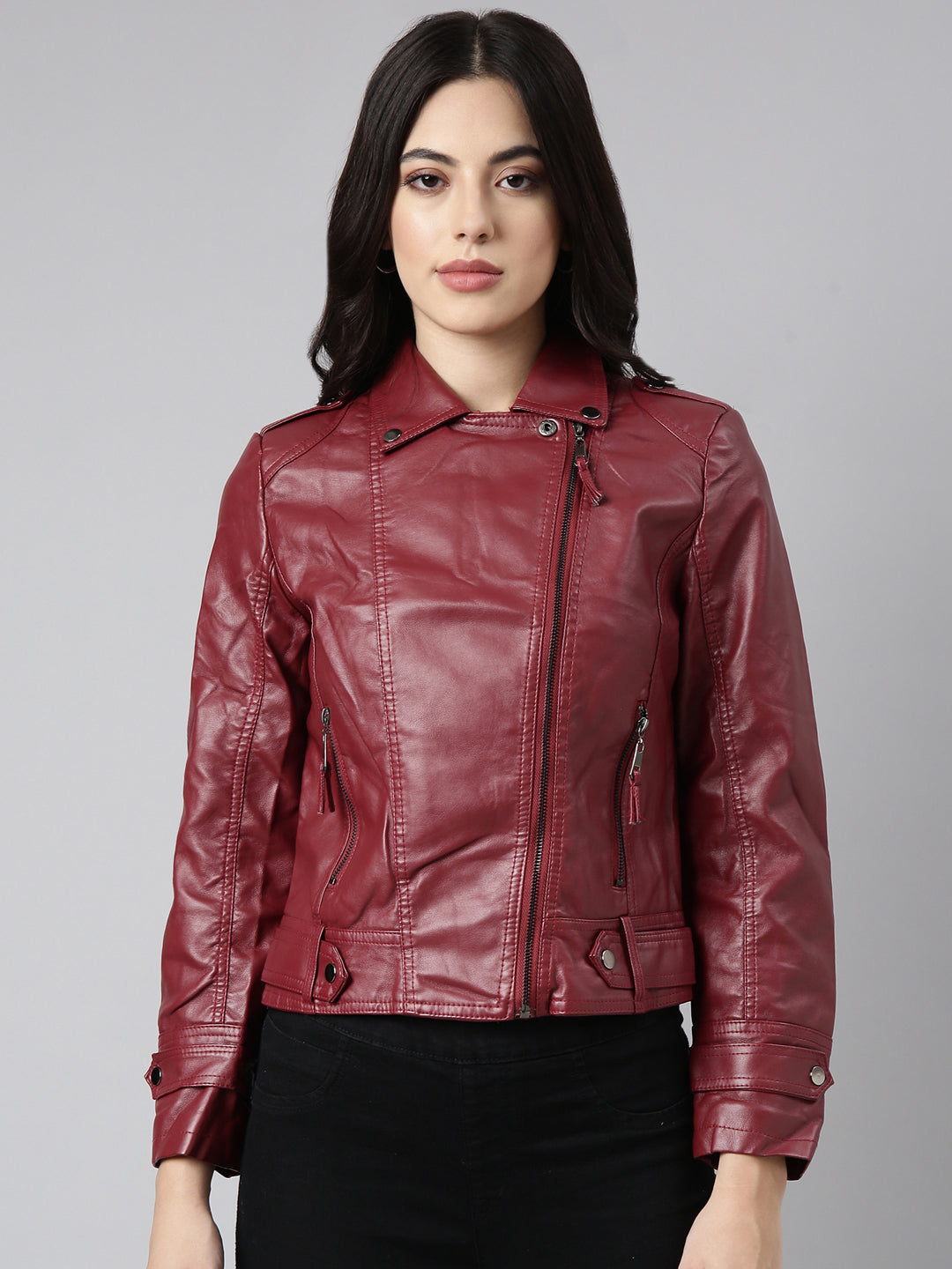 Women Solid Maroon Biker Jacket