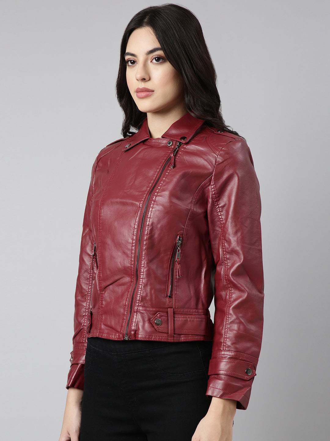 Women Solid Maroon Biker Jacket