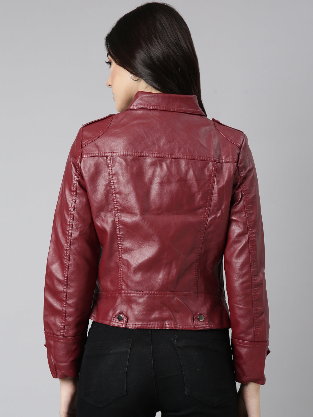 Women Solid Maroon Biker Jacket