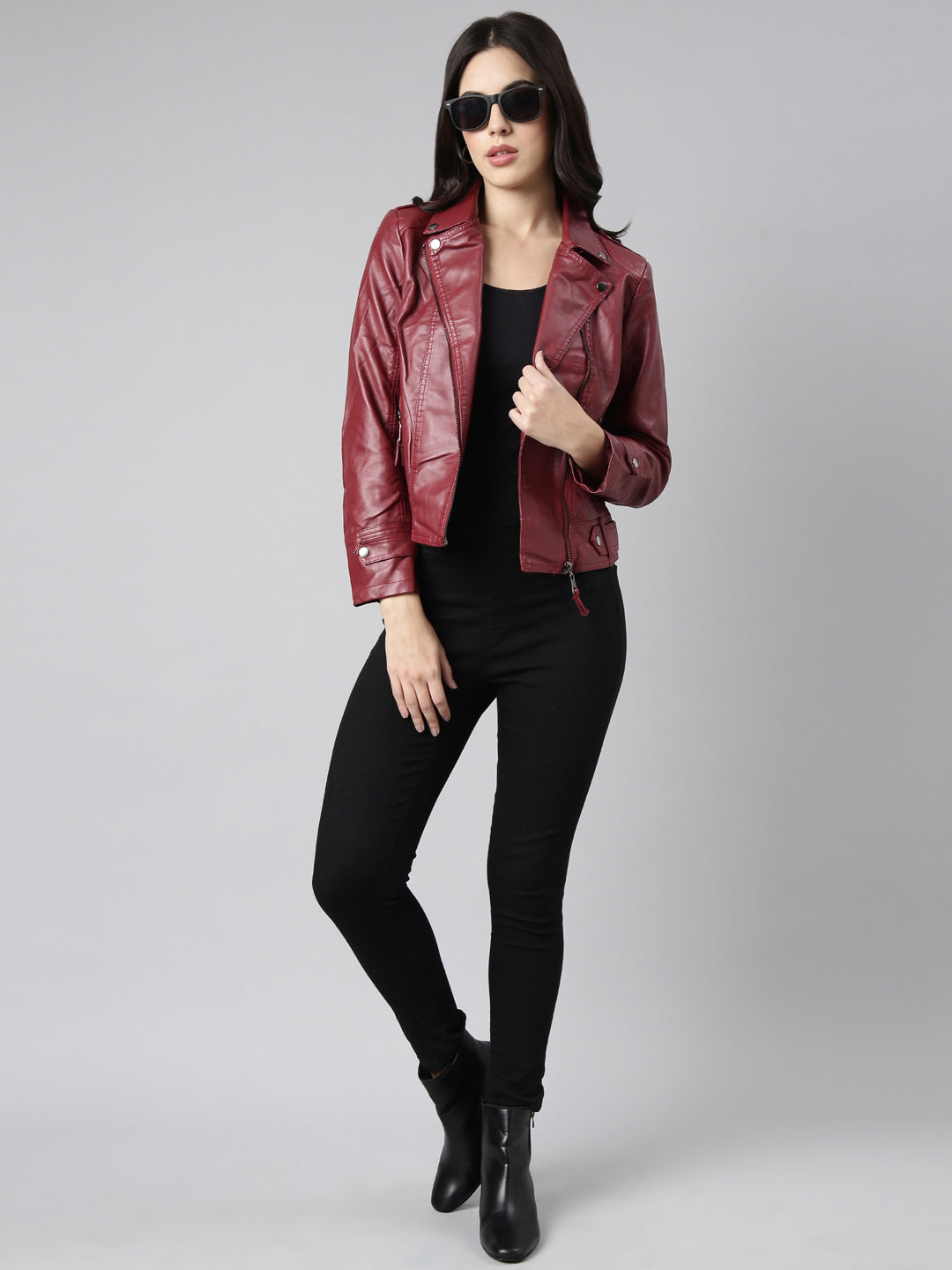 Women Solid Maroon Biker Jacket