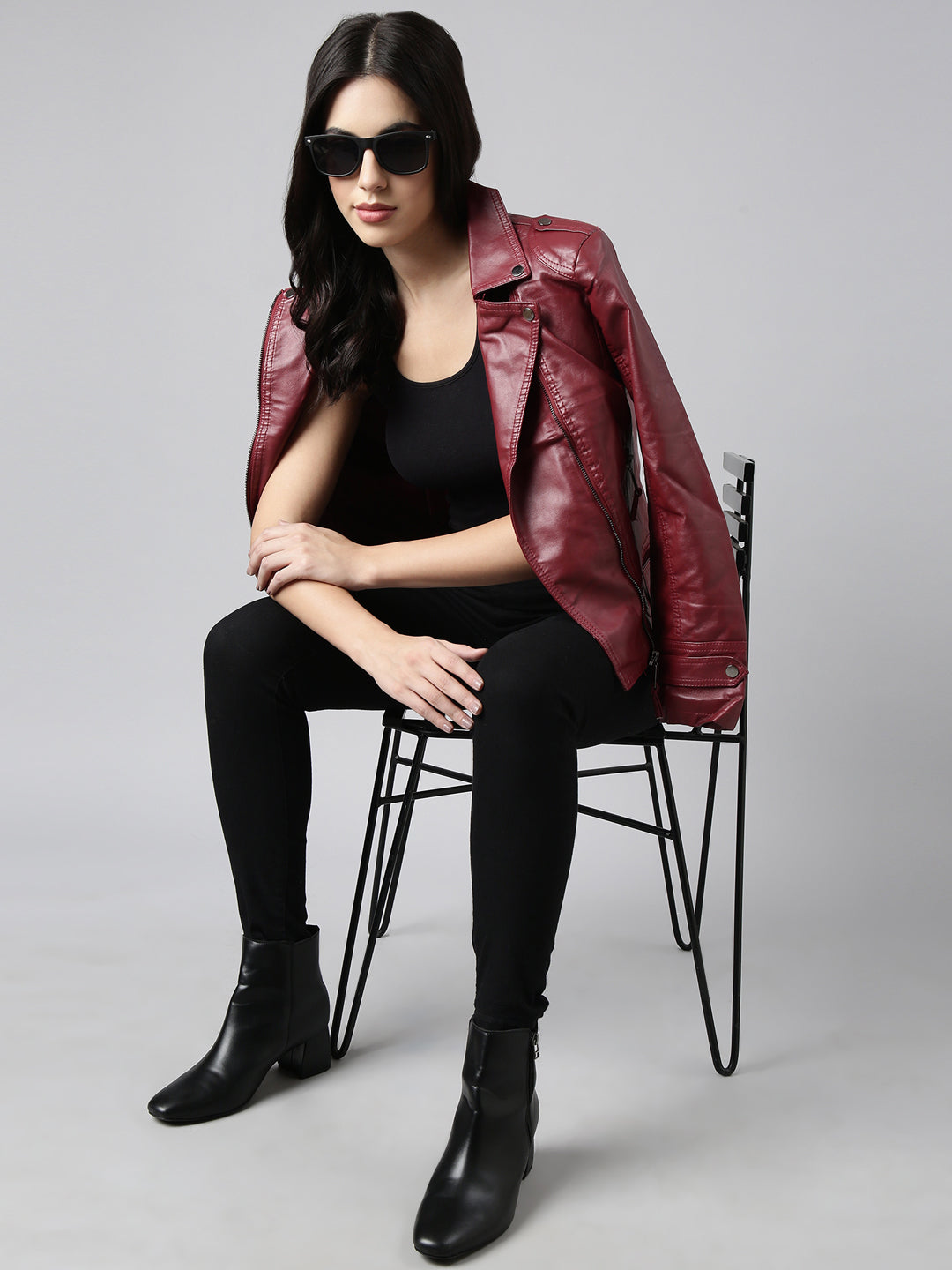 Women Solid Maroon Biker Jacket