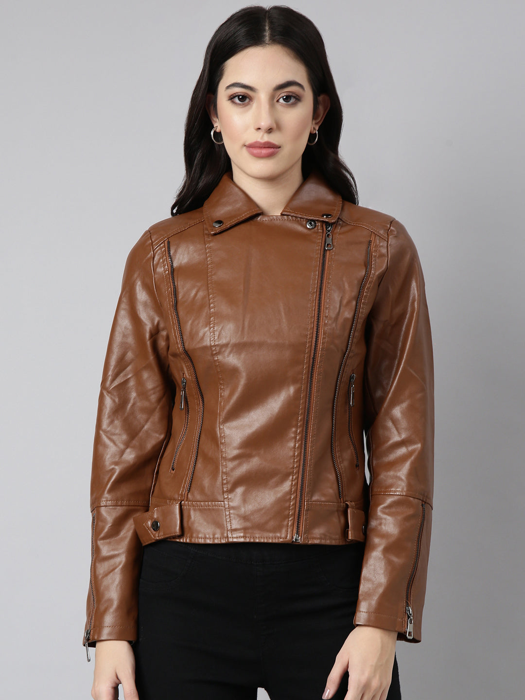 Women Solid Brown Biker Jacket