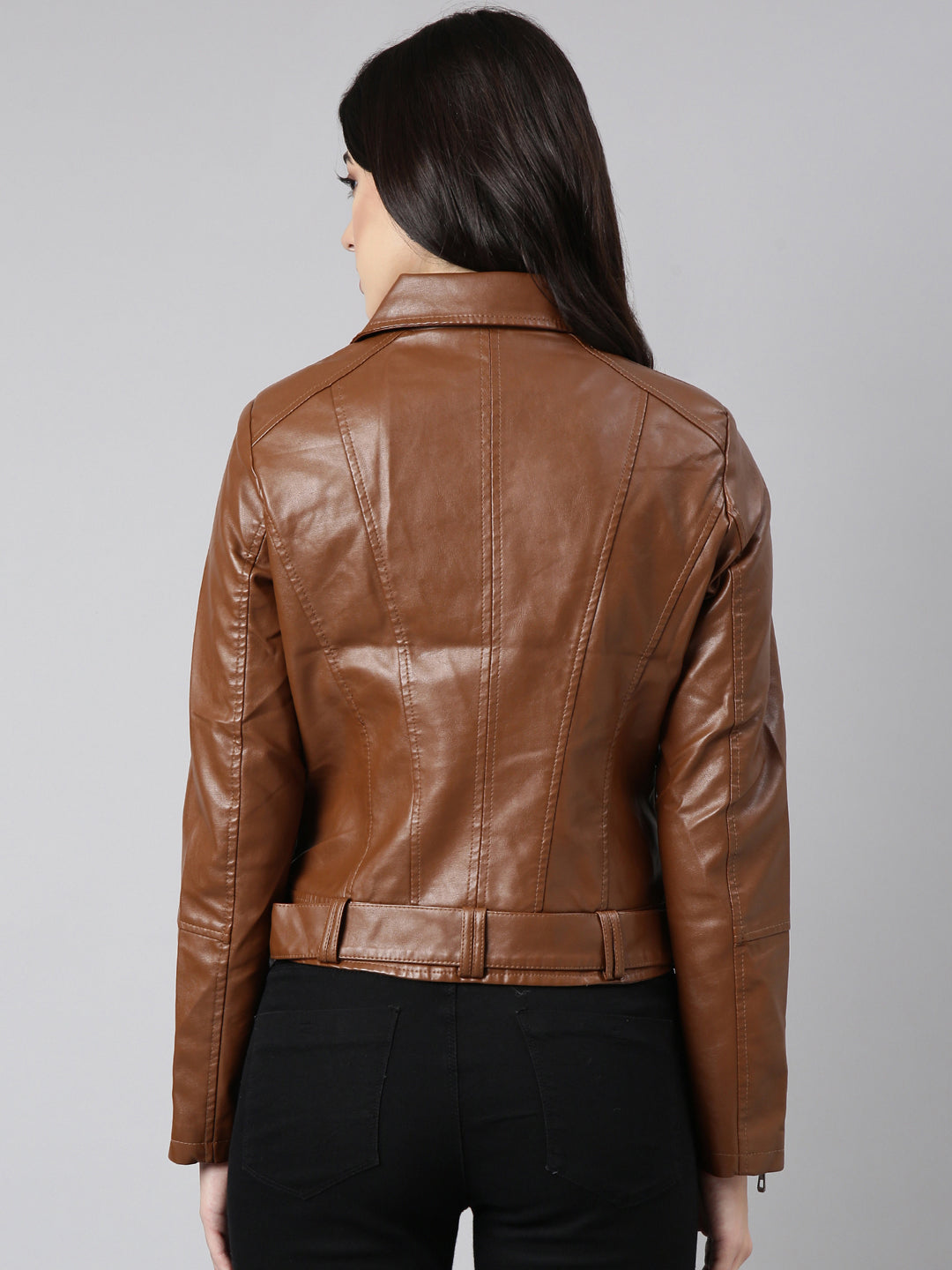 Women Solid Brown Biker Jacket