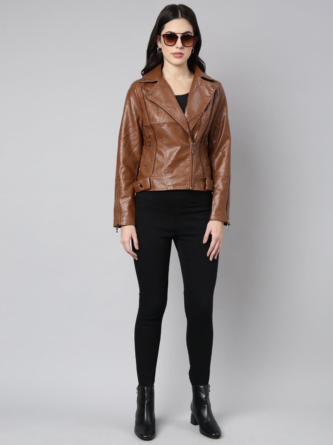 Women Solid Brown Biker Jacket