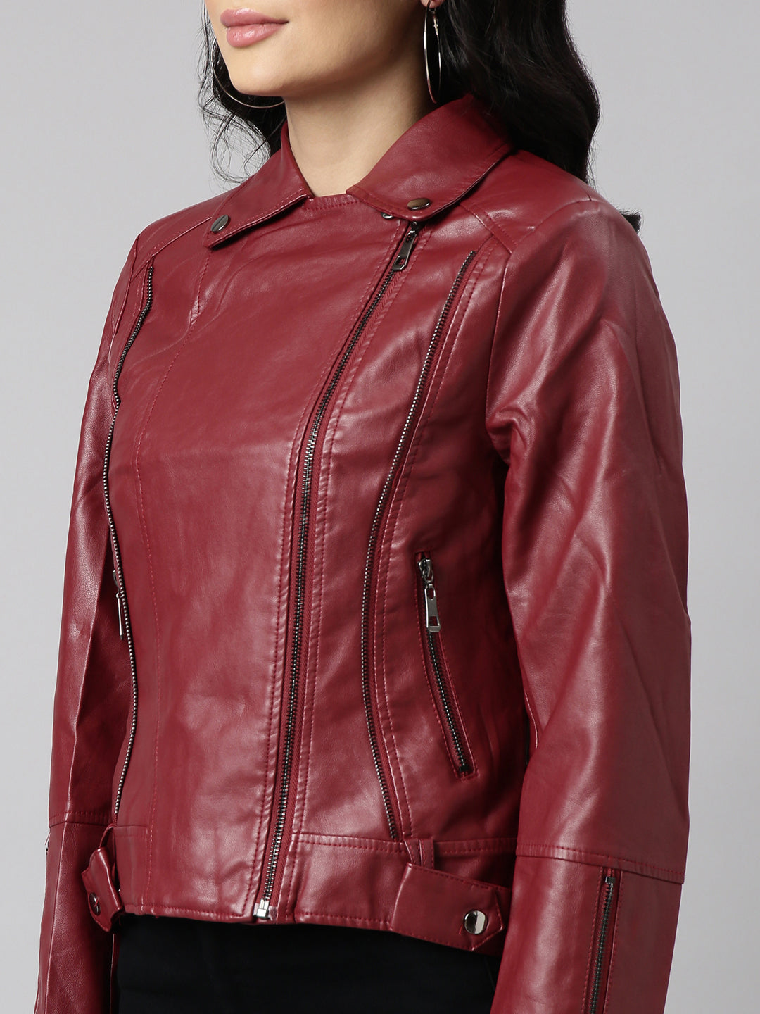 Women Solid Maroon Biker Jacket