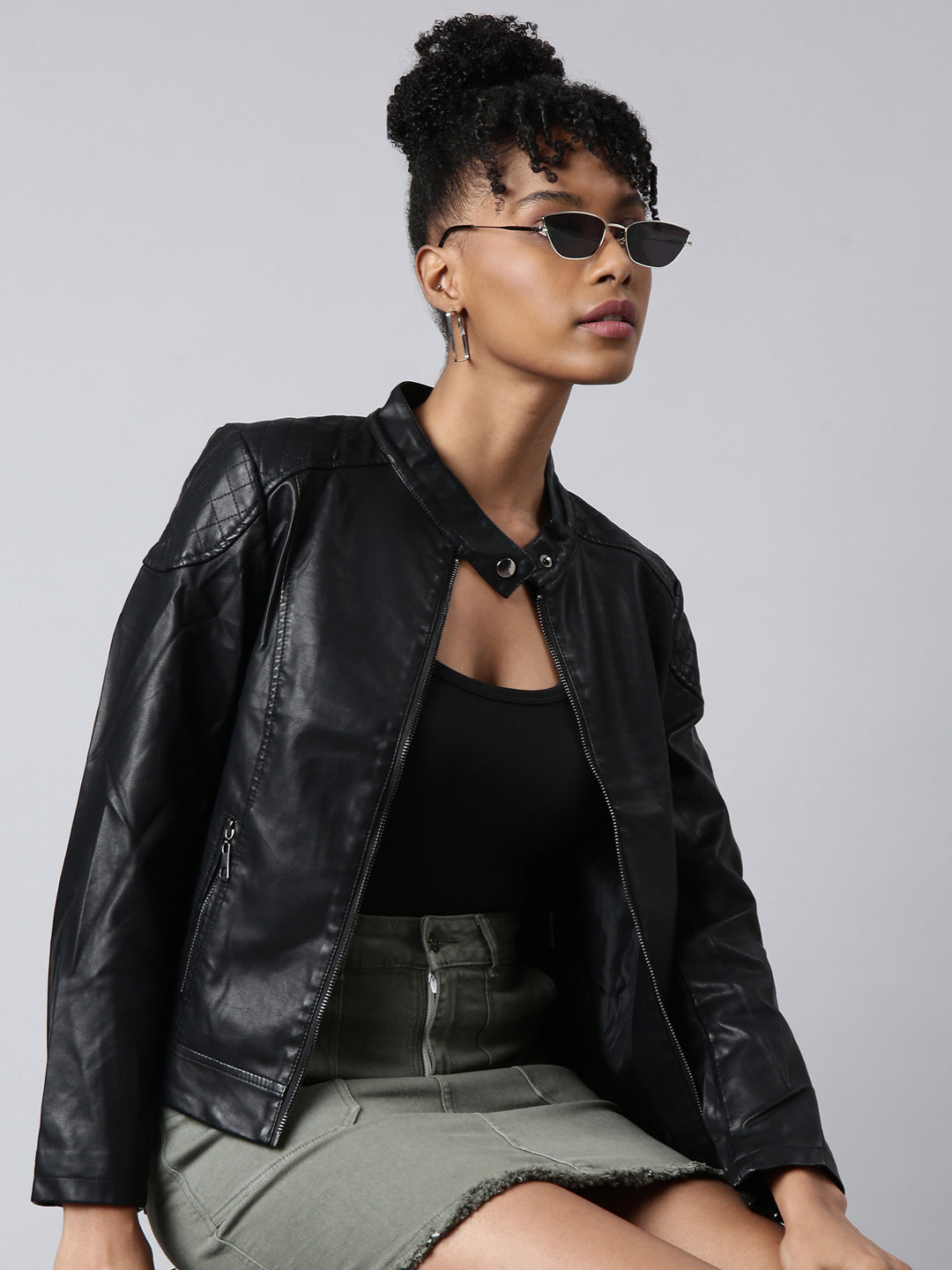 Women Solid Black Biker Jacket