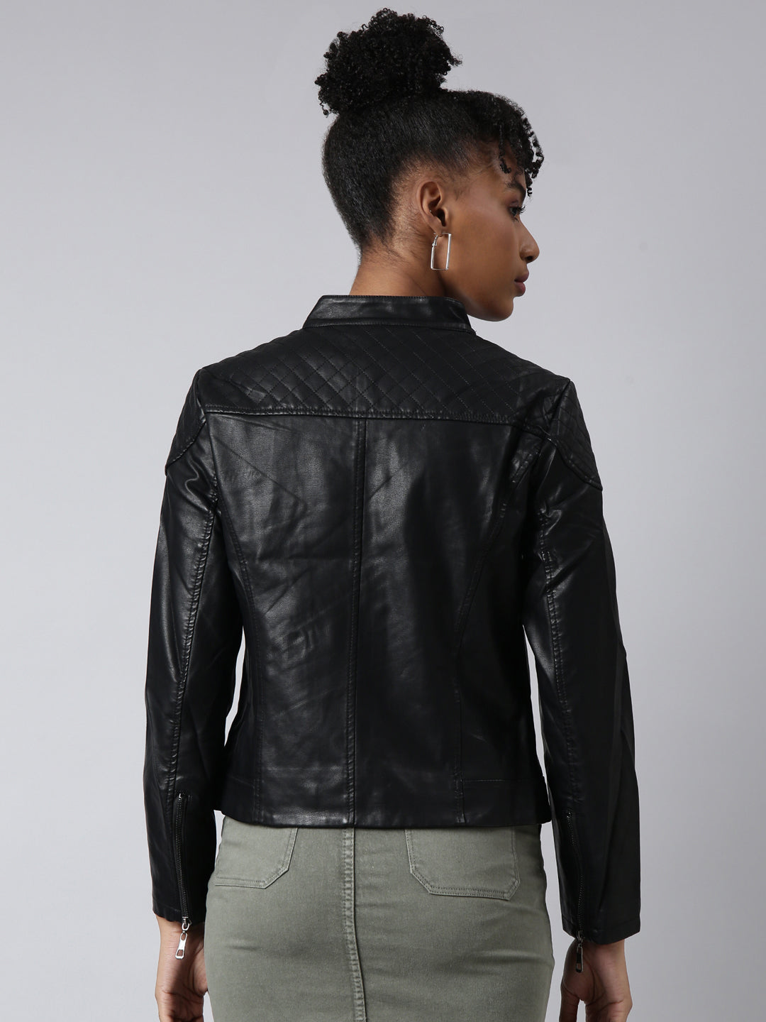 Women Solid Black Biker Jacket