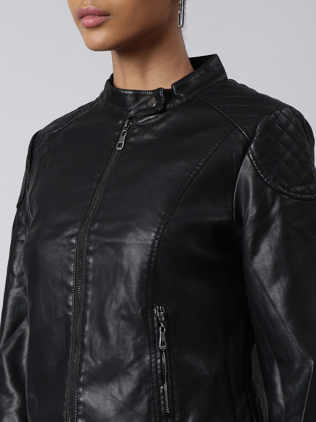 Women Solid Black Biker Jacket