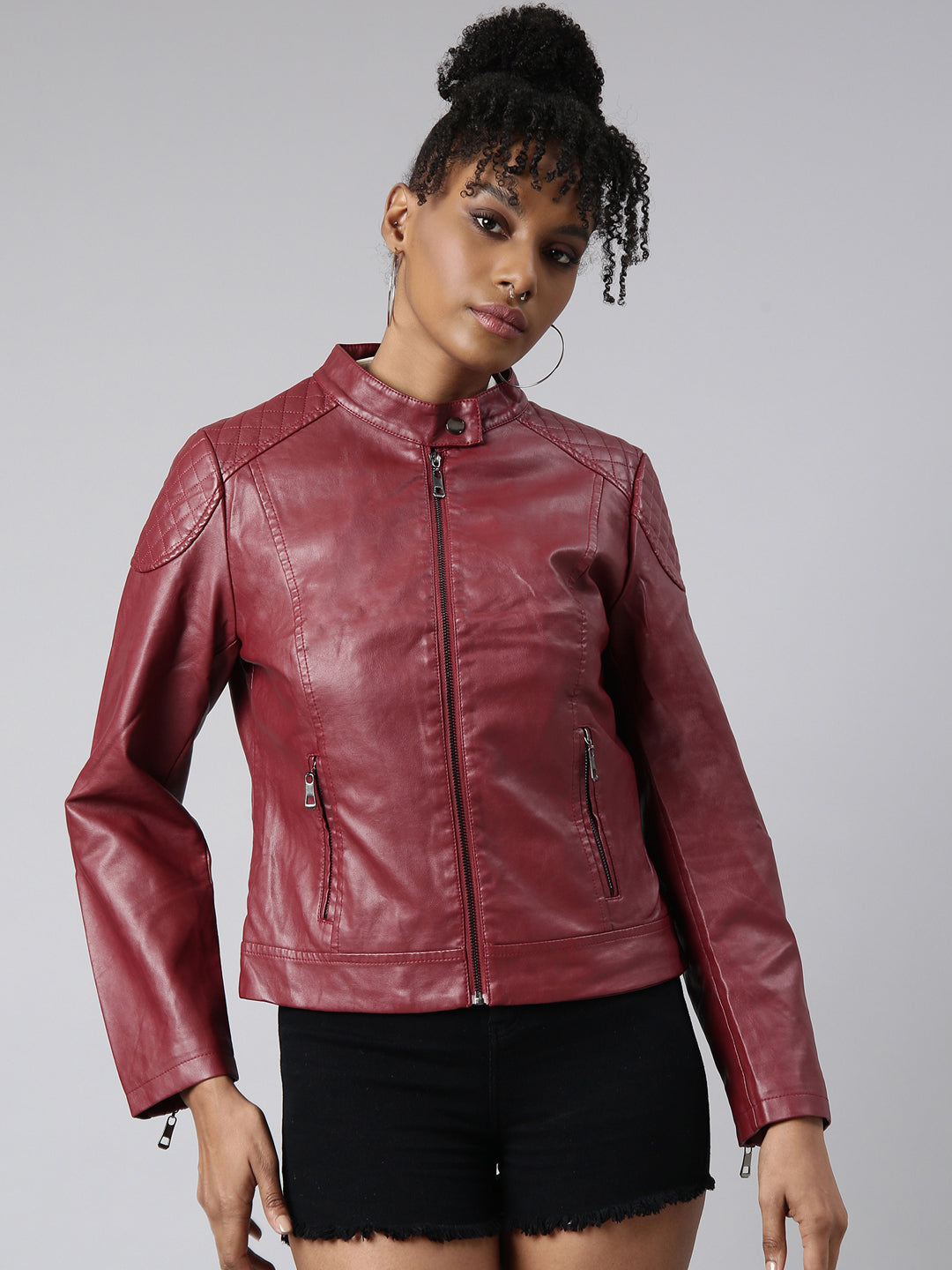 Women Solid Maroon Biker Jacket