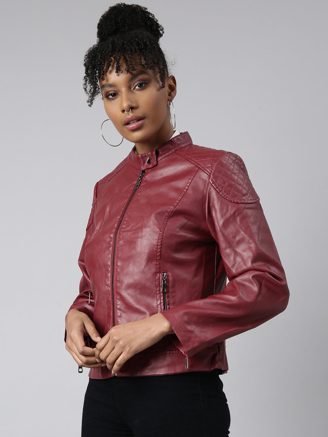 Women Solid Maroon Biker Jacket