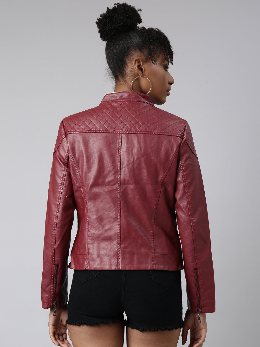 Women Solid Maroon Biker Jacket