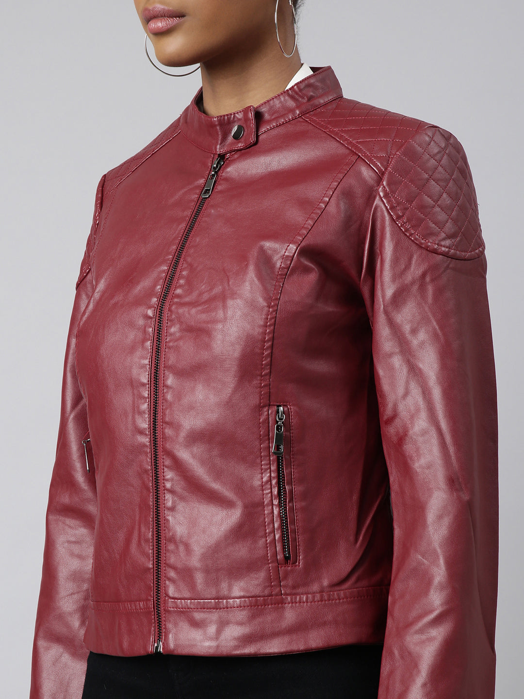 Women Solid Maroon Biker Jacket