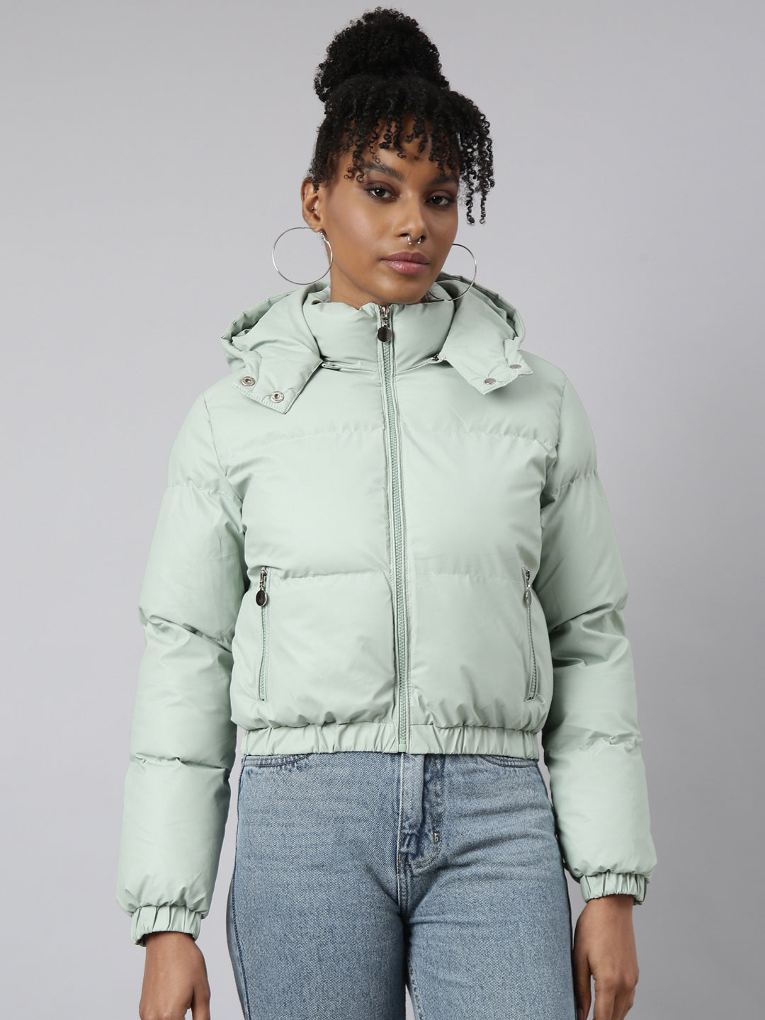 Women Solid Sea Green Puffer Jacket Comes with Detachable Hood