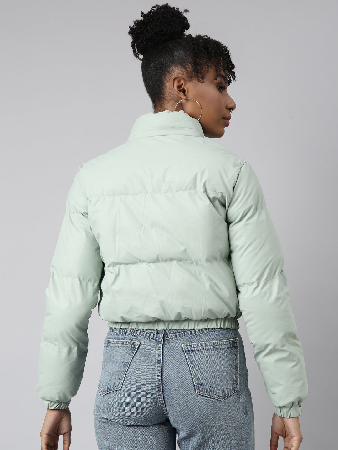 Women Solid Sea Green Puffer Jacket Comes with Detachable Hood