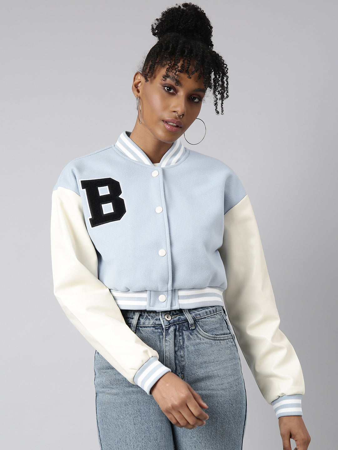 Women Solid Crop Blue Drop Shoulder Oversized Varsity Jacket