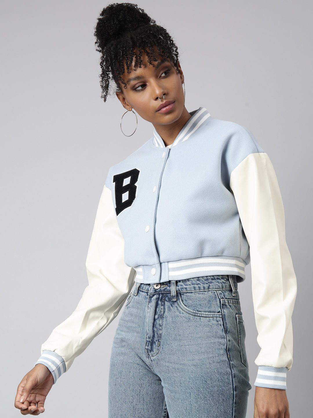 Women's Blue Stand Collar Windcheater Fleece Crop Oversized Varsity Jacket